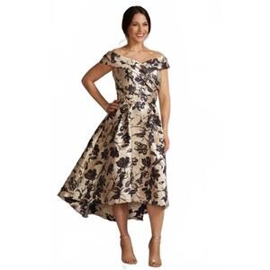 Oleg Cassini Metallic Floral Brocade High-Low A-Line Dress Size 2 Champagne Navy